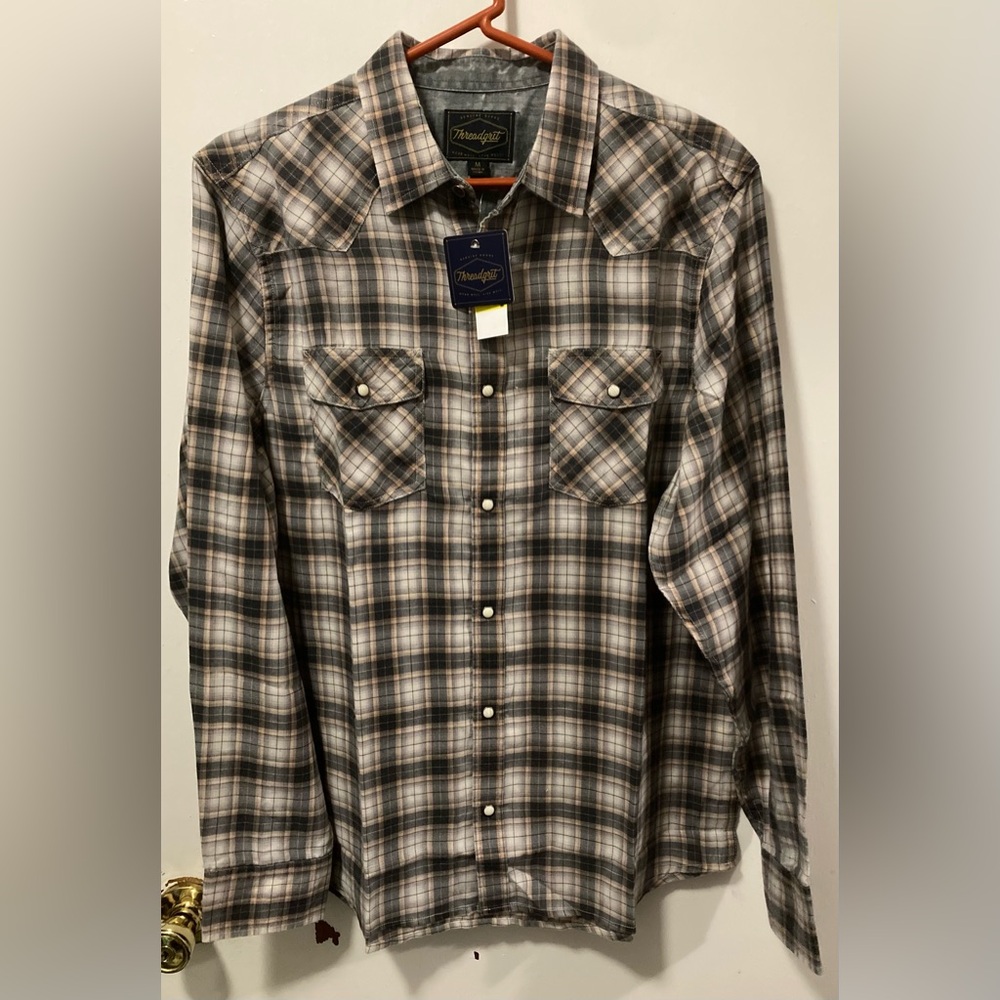 Threadgrit Plaid Men's Button-Down Shirt Color Black Gray and Brown Size Medium